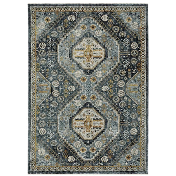 Ambrose Blue/Gold 10 ft. x 13 ft. Oriental Tribal Medallion Polyester Fringe Edge Indoor Area Rug