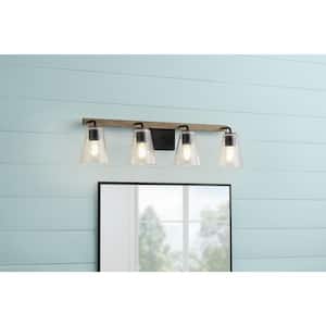 Westbrook 30.5 in. 4-Light Weathered Oak Rustic Farmhouse Bathroom Vanity Light with Matte Black Accents