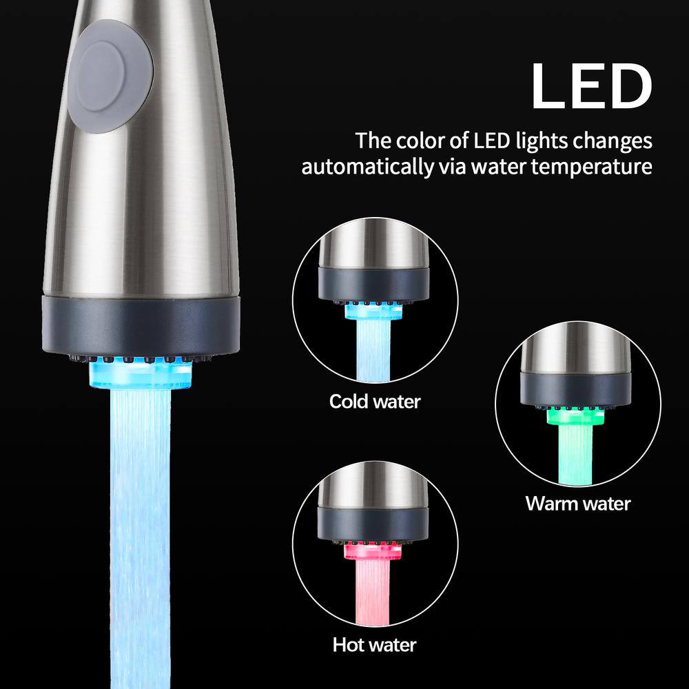 Brushed Nickel High-Arc Kitchen Faucet with LED Pull-Out Spray