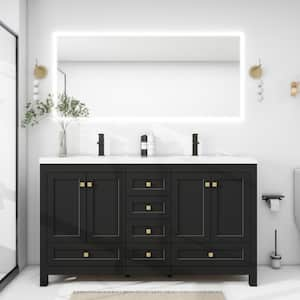 60 in. W. x 18 in. D x 34 in. H Sink Bath Vanity in Black with White Resin Double Sink Top and Drain Faucet Set