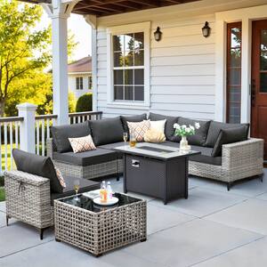 Holston 8-Piece Wicker Modern Outdoor Patio Conversation Sofa Sectional Set with a Metal Fire Pit and Black Cushions