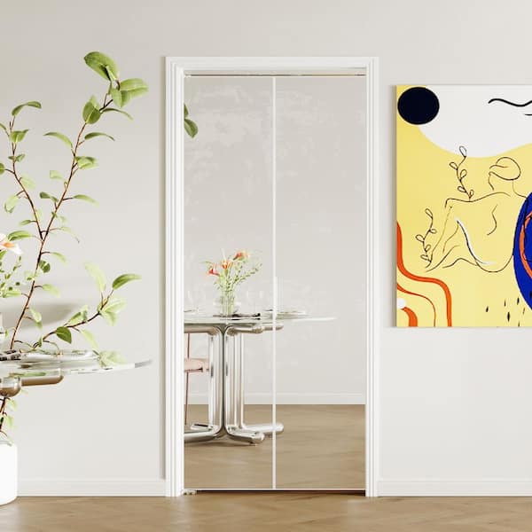 36 in. x 80 in. Mirrored Glass, White, Hollow Core, MDF, Aluminum Frame, Full Lite Bi-Fold Doors with Hardware Kits