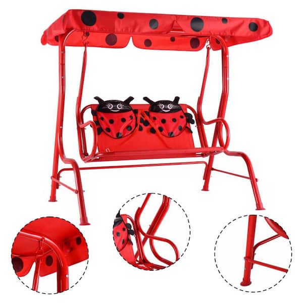 costway 2-Person Steel Frame Kids Patio Swing Chair Children Porch Bench Canopy with Red Cushion