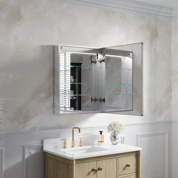 24 in. W x 30 in. H Rectangular Recessed/Surface Right LED Medicine Cabinet with Mirror, Dimmer, Outlets, USB, Anti-Fog