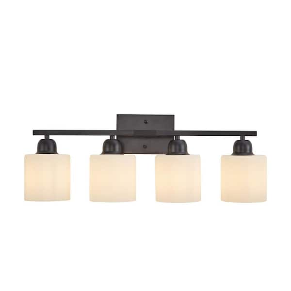 Modern 25 in. 4-Light Black Vanity Light Wall Sconce with Milky White Frosted Glass Shades