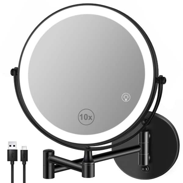 GQB 8.5 in. W x 8.5 in. H Round 1X/10X Swing Arm Wall Mount Bathroom Makeup Mirror in Black, Adjust Brightness 2000 mAH