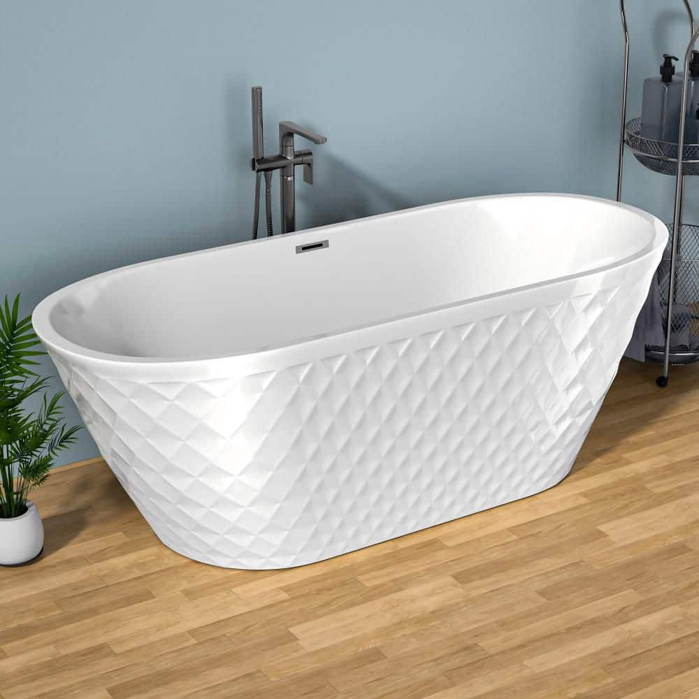 67 in. x 31.5 in. Acrylic Freestanding Soaking Bathtub with Diamond Wave Pa