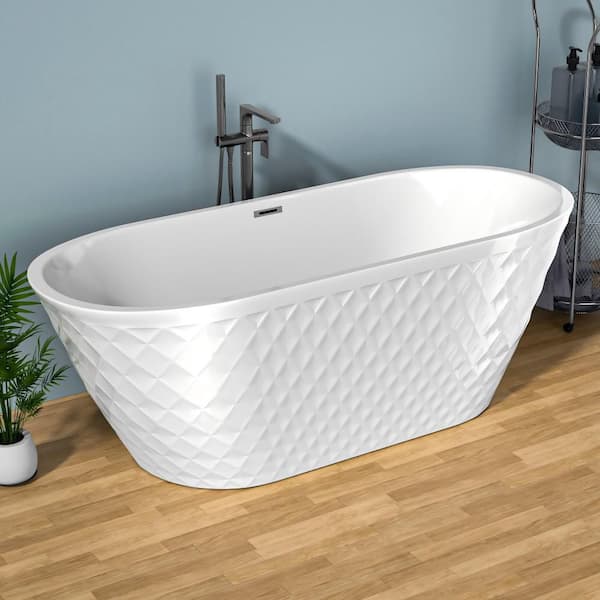 67 in. x 31.5 in. Acrylic Freestanding Soaking Bathtub with Diamond Wave Pattern in White with Chrome Drain and Overflow