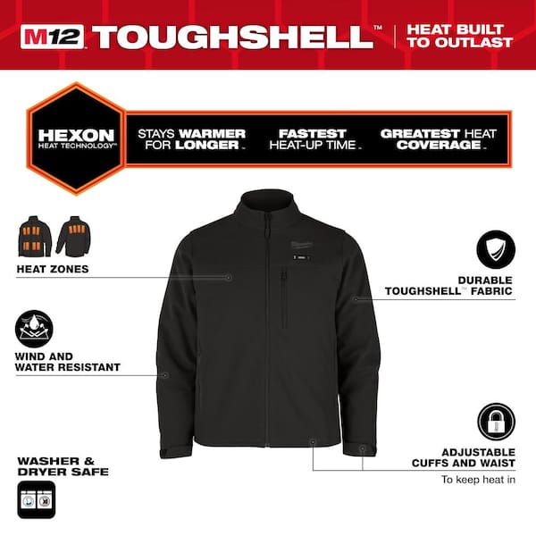 Men's Large M12 12V Lithium-Ion Cordless TOUGHSHELL Black Heated Jacket w 3.0 Ah Battery and Power Source w/ App Control