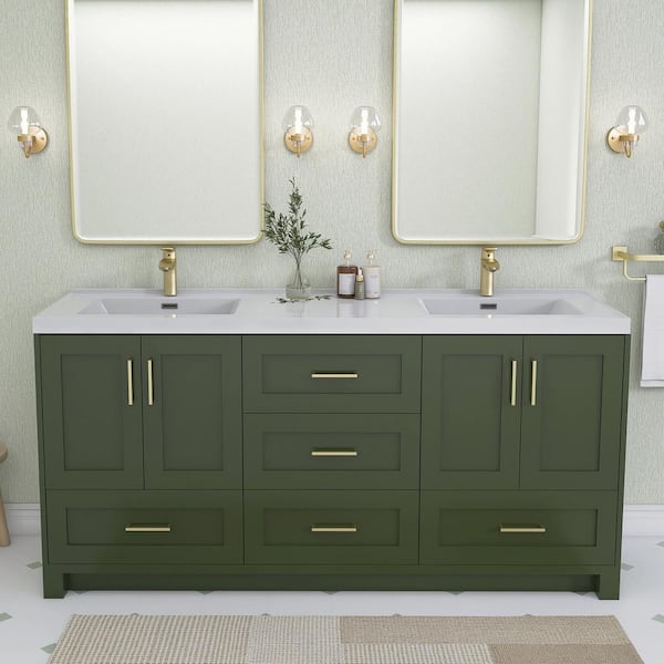 Genie 72 in. Double Sinks Green Bath Vanity with White Solid Surface Vanity Top and Basin Freestanding Bathroom Cabinet