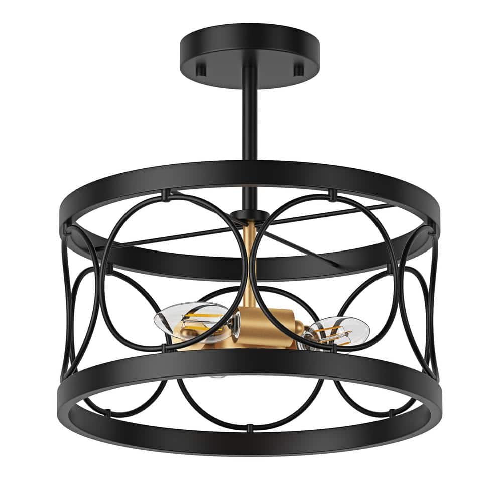 12.59 in. 3-Light Modern Black Cage Semi-Flush Mount Farmhouse Ceiling Hang