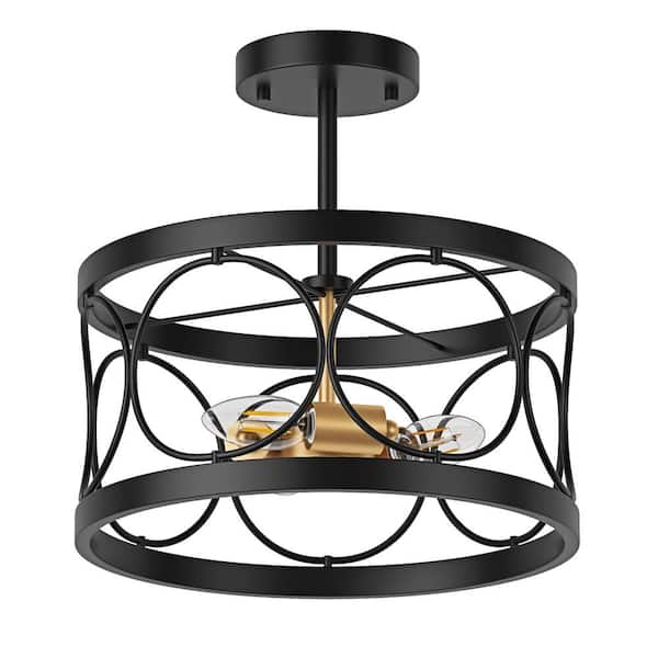 aiwen 12.59 in. 3-Light Modern Black Cage Semi-Flush Mount Farmhouse Ceiling Hanging Light