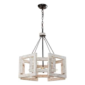 4-Light Distressed White Farmhouse Wood Drum Chandelier Hanging Pendant Light for Dining Room