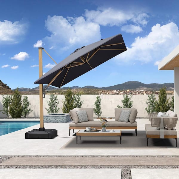 PURPLE LEAF 9 ft. Square Outdoor Patio Cantilever Umbrella Teak Finished Offset 360° Rotation Umbrella in Gray