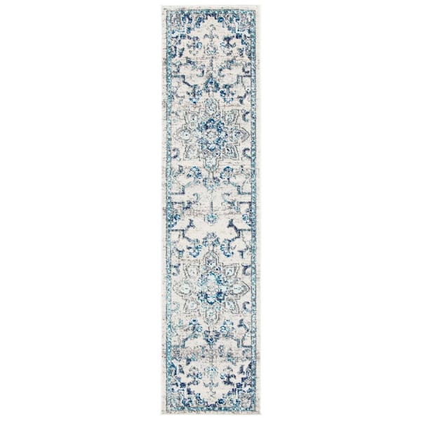 SAFAVIEH Madison Ivory/Grey 2 ft. x 18 ft. Border Geometric Floral Medallion Runner Rug