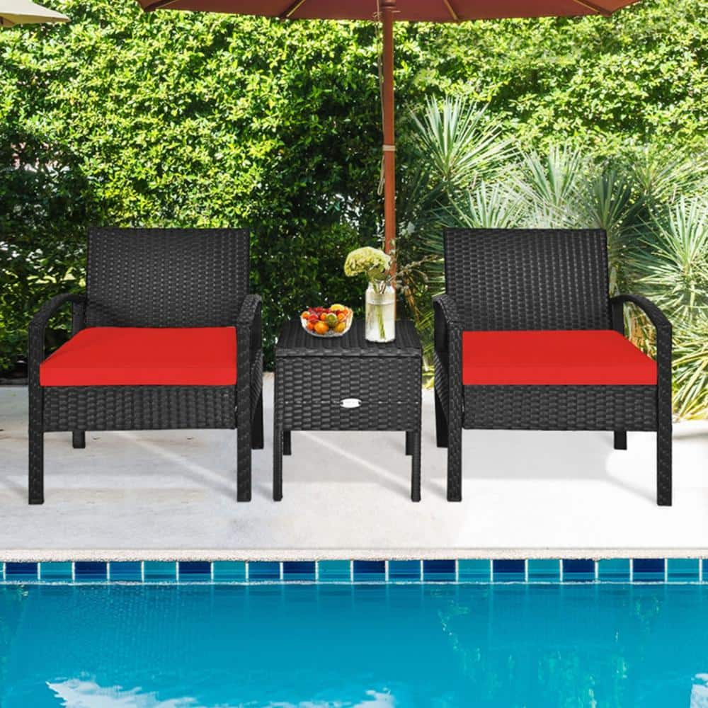Red Cushioned Black Rattan 2-Person Patio Conversation Set