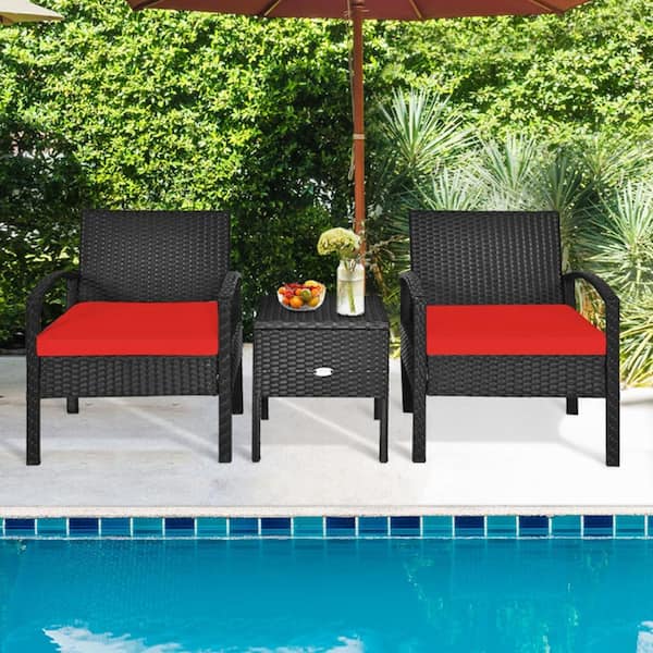 Kadehome 3-Piece PE Wicker Rattan Patio Conversation Sofa Set with Removable Cushion in Red