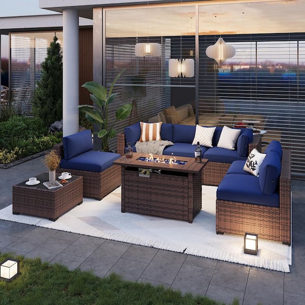 Sizzim Brown 8-Piece Wicker Rattan Outdoor Patio Fire Pit Set