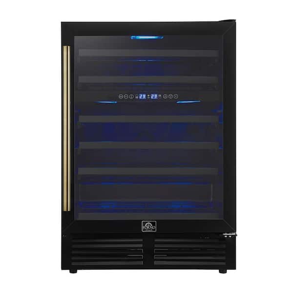 Bacchino 24 Inch Wine Cooler in Black, Antique Brass Handles, Triple Glass Door, 51 Bottles