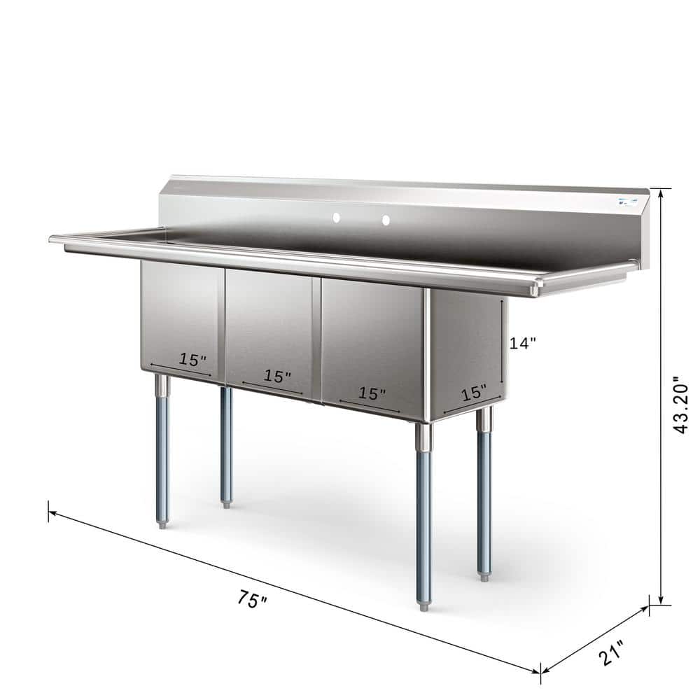 75'' Stainless Steel Triple Bowl Commercial Kitchen Sink