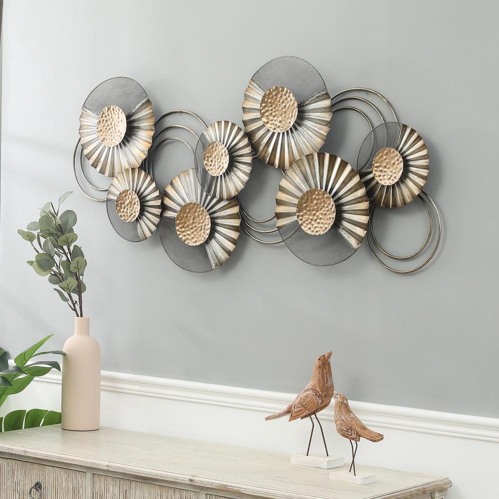 48.5" W Distressed Gray and Gold Metal Floral Wall Sculpture