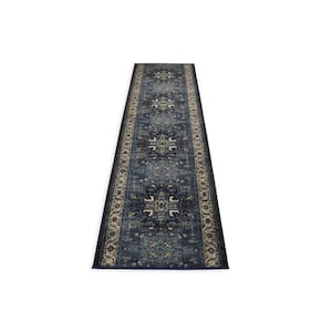 Antique Collection Series Medallion Navy Blue 26 in. x 18 ft. Your Choice Length Stair Runner