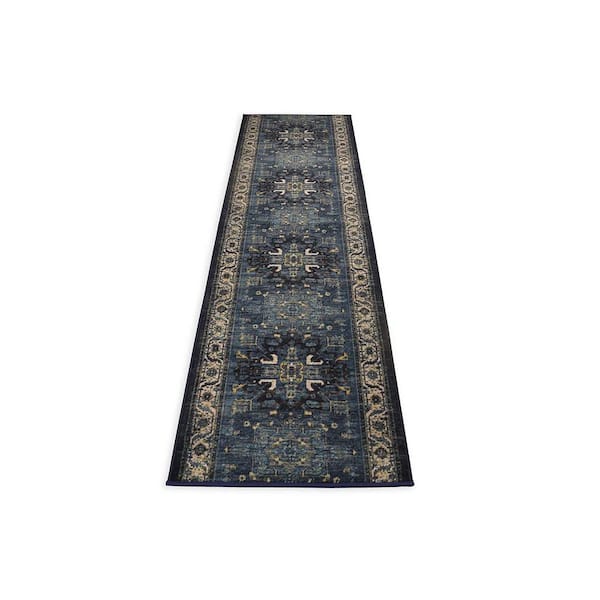 Unbranded Antique Collection Series Medallion Navy Blue 35 in. x 11 ft. Your Choice Length Stair Runner