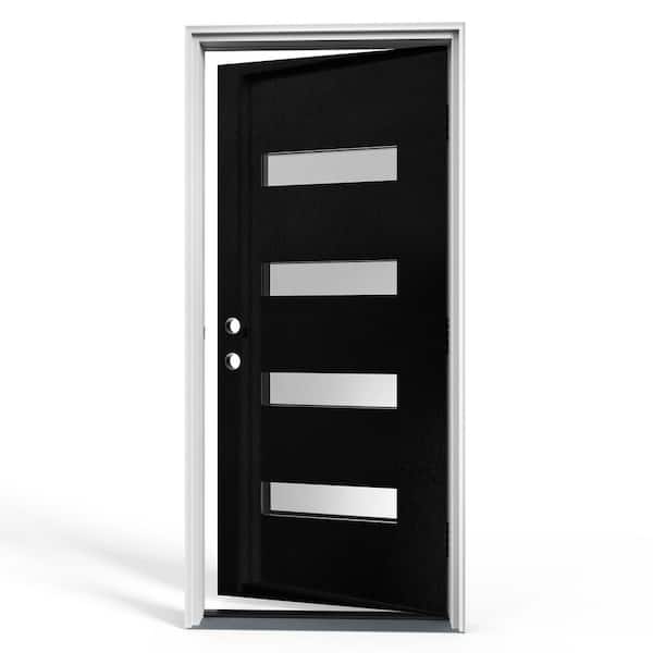 36 in. x 80 in. Flush Right-Hand 4-Lite Frosted Glass Black Finish Fiberglass Prehung Front Door with Threshold, Hinge