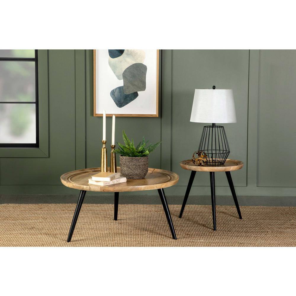 Elegant Trio-Legged Round Mango Wood Coffee Table in Natural & Black