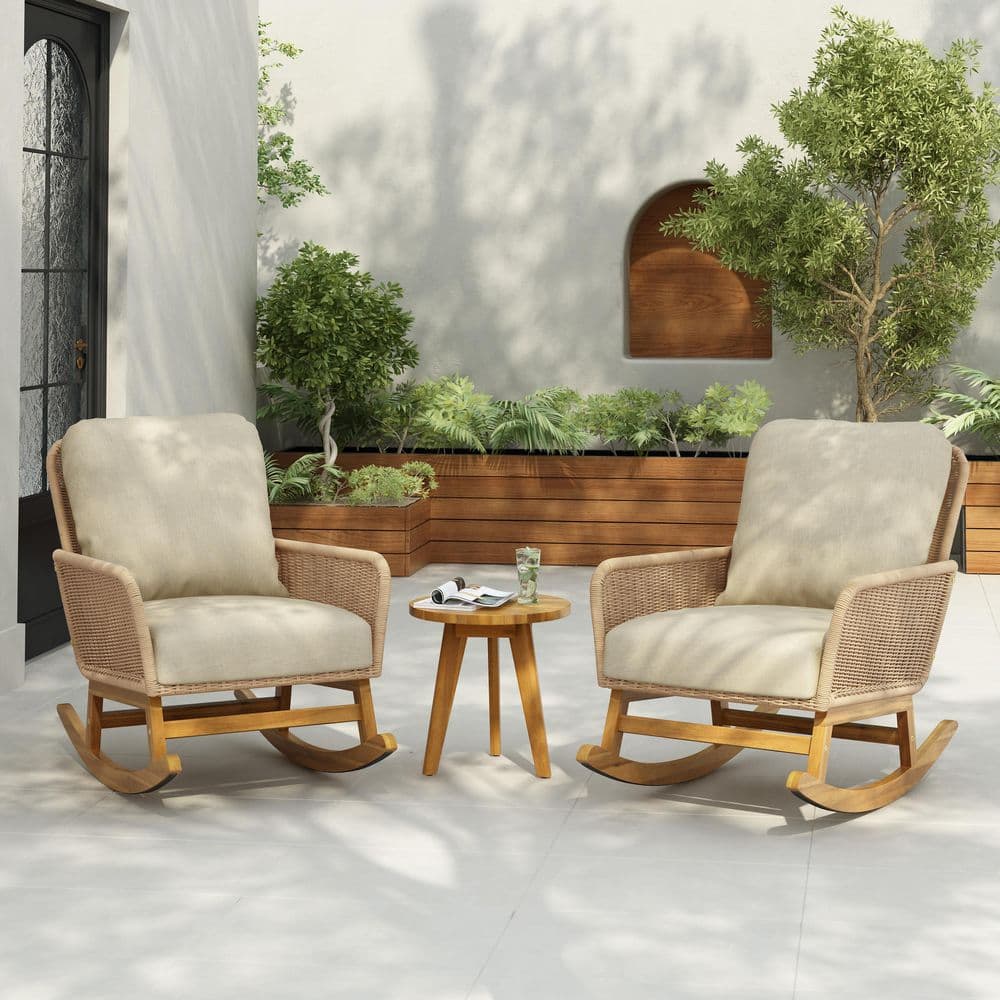 Emerson Modern 3-Piece Wood Patio Chat Set Outdoor Rocking Lounge Chairs with Beige Cushions, Side Table, Natural price history on PriceWatchPro