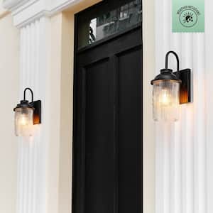 1-Light Matte Black Outdoor Hardwired Wall Sconce with Ribbed Glass Shade