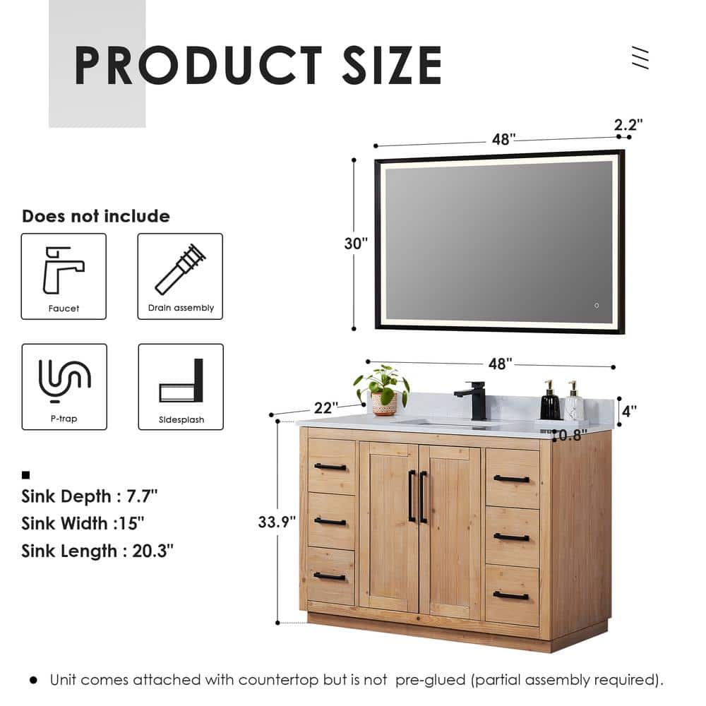 Cicero 48" Light Brown Fir Wood Vanity with White Stone Top and Mirror