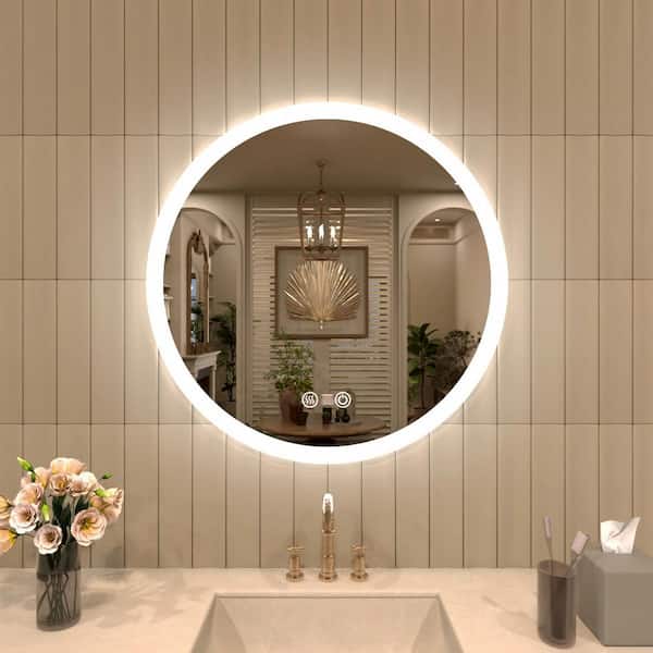 TaiMei 24 in. W x 24 in. H Round Frameless LED Light Anti-Fog Wall Bathroom Vanity Mirror in Polished Crystal