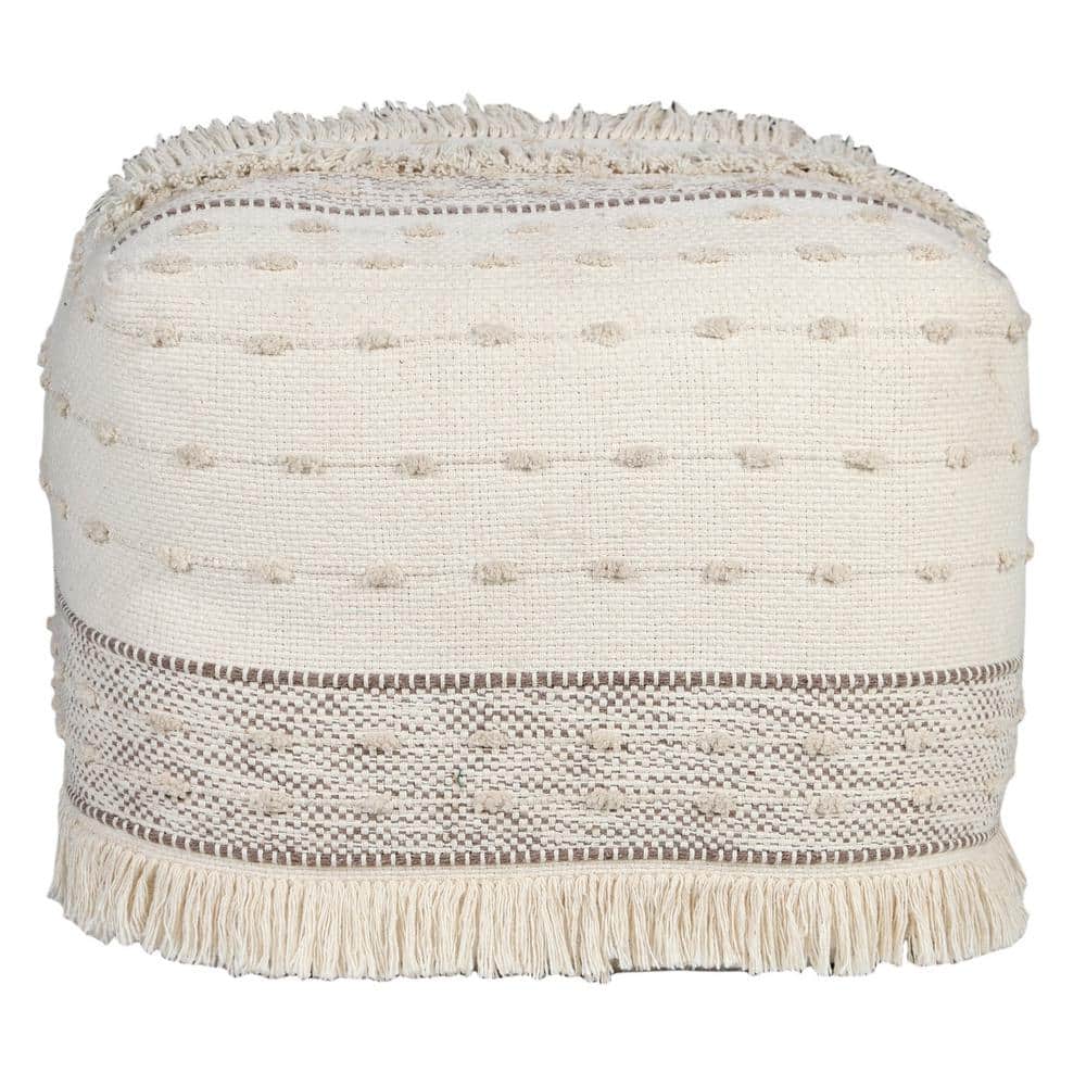 Ivory and Brown Shag Fringe Textured Square Pouf, 18" x 14"