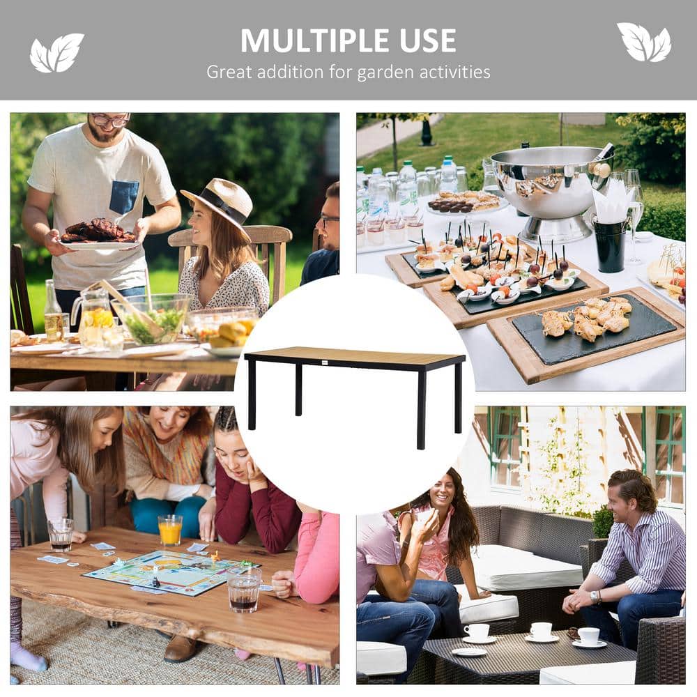Natural Wood-Like Slat Top Rectangular Outdoor Dining Table with Black Aluminum Frame