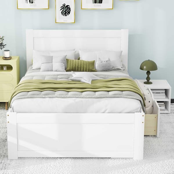 Antique White Wood Frame Twin Size Platform Bed with Drawer and 2-Shelves