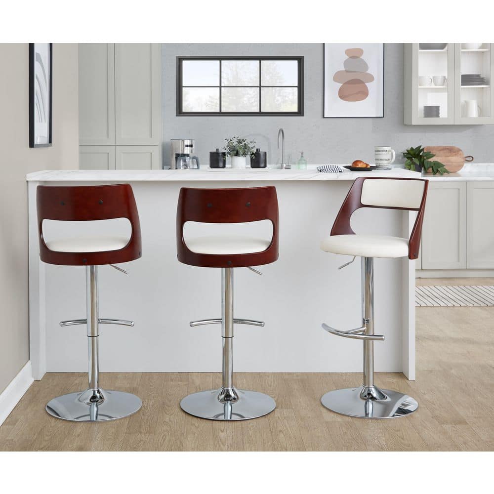 Cecina 45 in. White Faux Leather, Mahogany Wood and Chrome Metal Adjustable Bar Stool with Rounded T Footrest (Set of 2) price history on PriceWatchPro