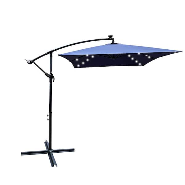 Tunearary 10 ft. x 6.5 ft. Steel Market Umbrella Outdoor Patio Umbrella in Navy Blue Solar LED Lights Crank Cross Base Rectangle