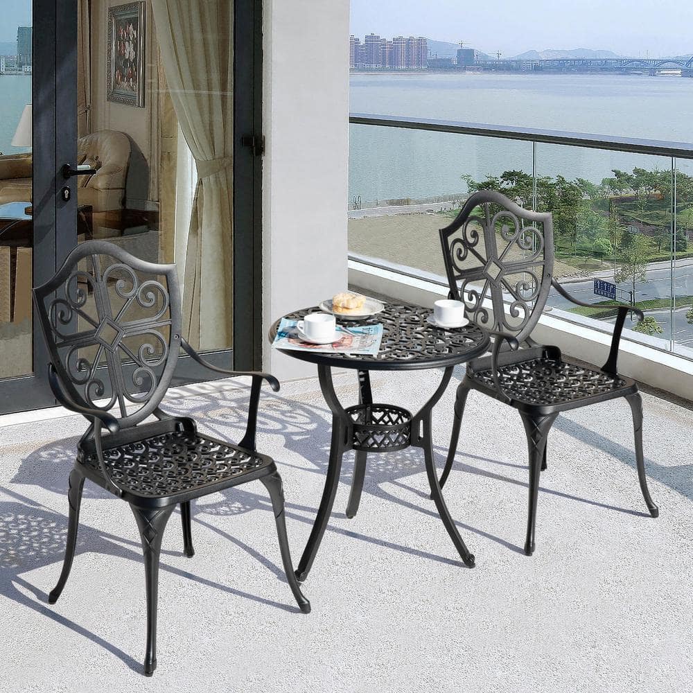 Black Cast Aluminum 3-Piece Vintage Bistro Set with Floral Design