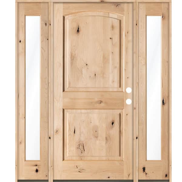 58 in. x 80 in. Knotty Alder 2-Panel Arch-Top Left-Hand/Inswing Clear Glass Unfinished Wood Prehung Front Door w/ DFSL