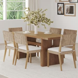 Beacon Wire Brushed Light Brown Foam Seat Cream Boucle Dining Chair w/ Seagrass Accent Solid Wood Legs (Set of 6)