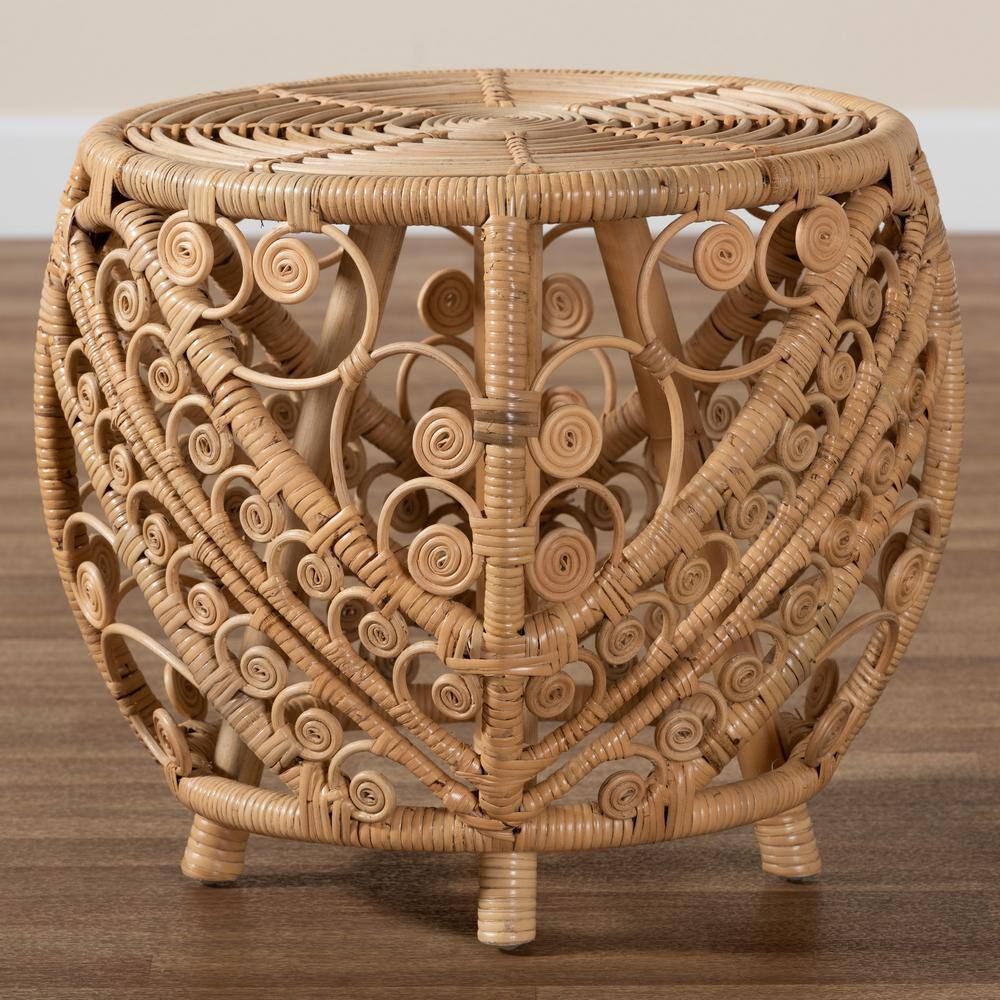 Bohemian Natural Rattan Round End Table with Geometric Accents