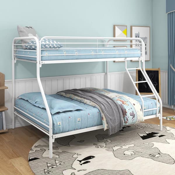 White Metal Twin Size Bunk Bed with Heavy Duty Space Saving with Guardrail No Box Spring Needed