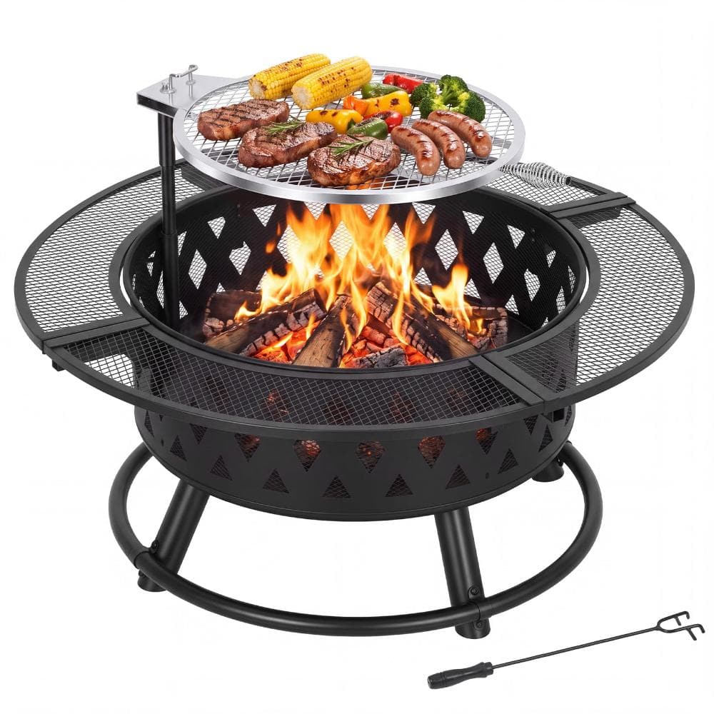 39 in Outdoor Fire Pit 3-in-1 Patio Fire Pit with Grill Grate & Fire Poker for Cooking and Heating