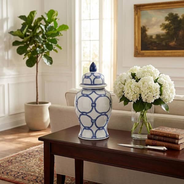 14.25 in. Blue Stoneware Round Links Temple Decorative Vase with Lid