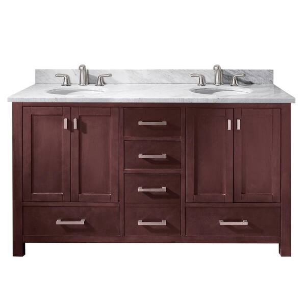 Avanity Modero 61 in. W x 22 in. D x 35 in. H Vanity in Espresso with Marble Vanity Top in Carrera White and White Basins