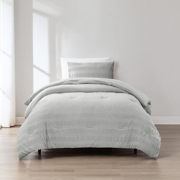 Lush Decor Azalea Ruched Velvet Strip 2-Piece Light Gray Velvet Twin/Twin-XL Comforter Set