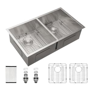 Brushed Nickel 18G Stainless Steel 33 in. Double Bowl Undermount Kitchen Sink with Accessories