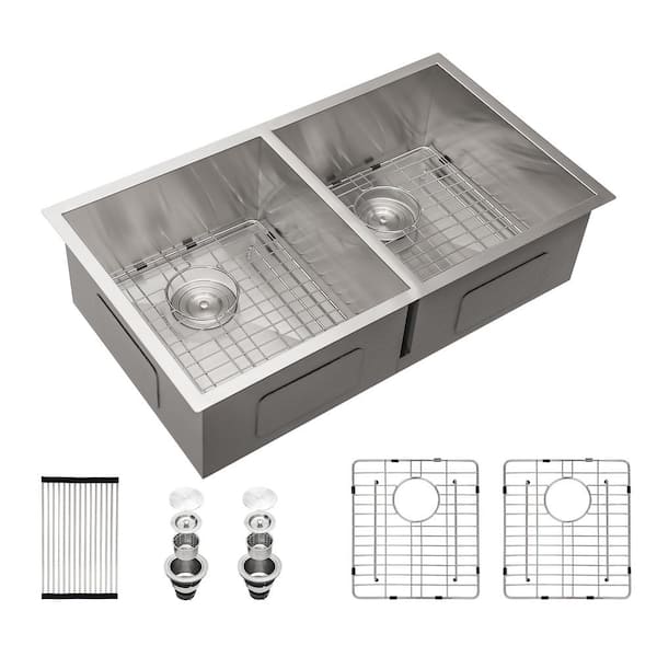 Heemli Brushed Nickel 18G Stainless Steel 33 in. Double Bowl Undermount Kitchen Sink with Accessories