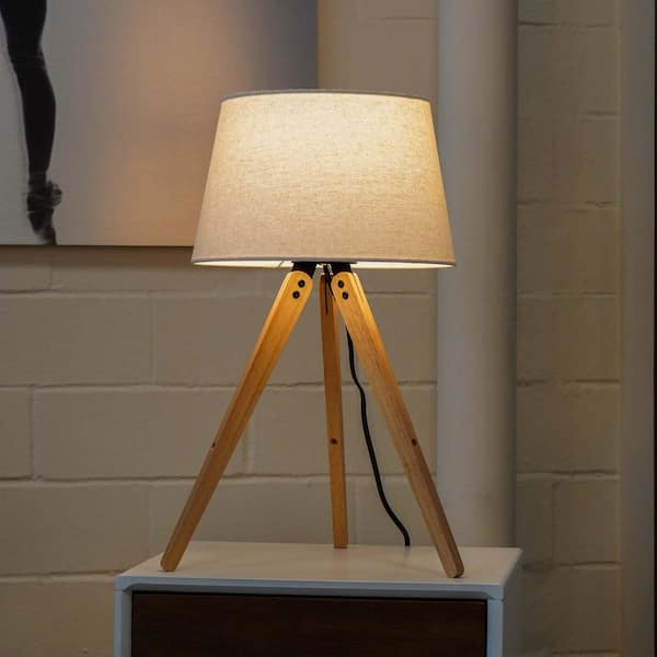 23 in. Wood Table Lamp for Bedside with White Truncated Cone Linen Shade & Birch 3-Legged, E26 Bulbs Not Included